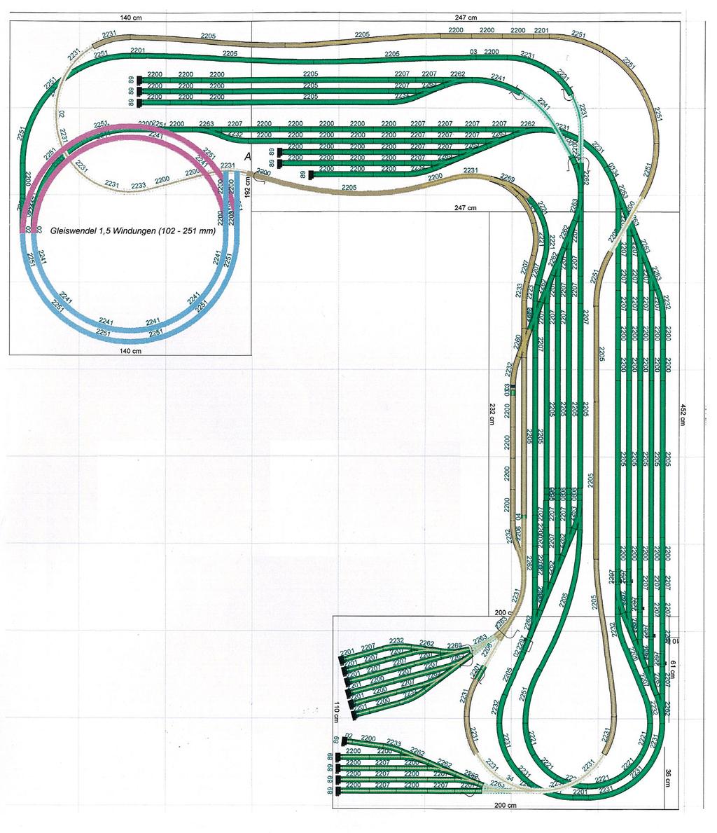 Grafik aus Märklin Magazin 04/2017: Märklin Freunde berichten Anlagenplan Horst und Tim Allgaier, untere Ebene 35 cm Wandabstand