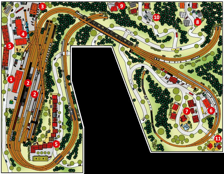 Endzustand Märklin K-Gleis 1 Bahnhof Plottenstein 2 Bahnsteig 3 Mehlmühle 4 Glasfabrik 5