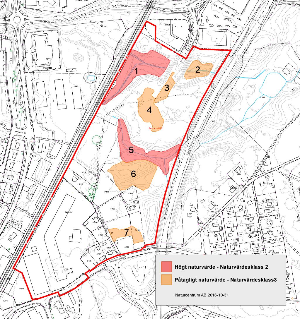 Naturvärdesobjekt Totalt identifierades sju naturvärdesobjekt, två stycken med högt naturvärde (naturvärdesklass 2) och fem stycken med påtagligt naturvärde (naturvärdesklass 3). Se figur 1.