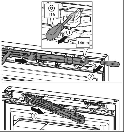 Fig. 11 (2) u Håll fast dörren och dra ut tappen med fingrarna. Fig. 11 (3) u Dra ut lagerbussningen ur styrningen. Sätt in den från den andra sidan tills den fäster. Fig. 11 (4) u Lyft av dörren uppåt och ställ den åt sidan.