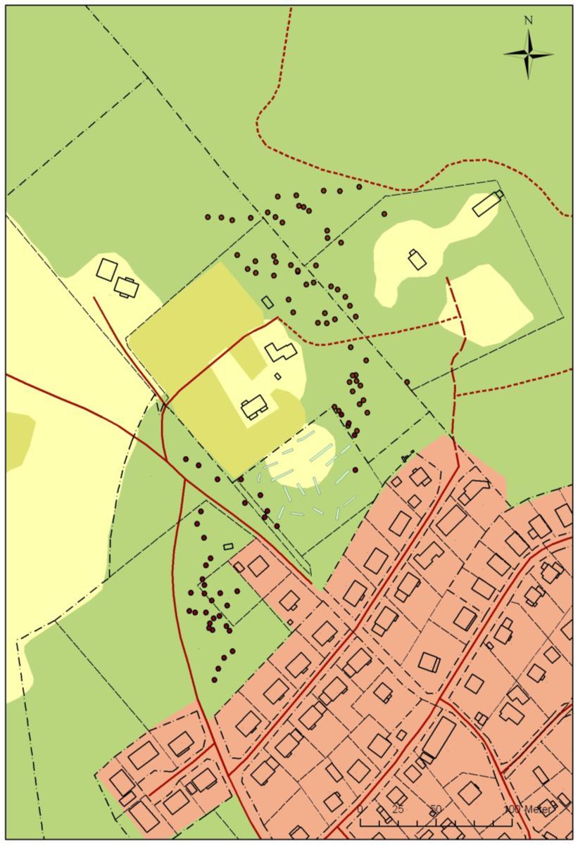 Inom själva gärdet grävdes 17 sökschakt med hjälp av grävmaskin utan att något av arkeologiskt intresse framkom. Schakten som var mellan 7 och 17 meter långa motsvarade en yta av ca 256 kvadratmeter.