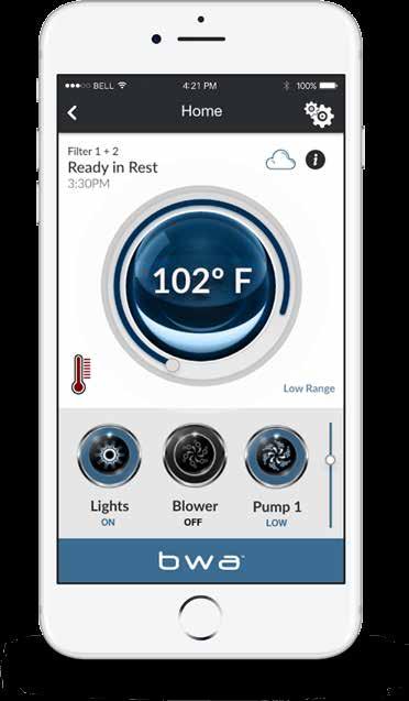 6 bwa Användarguide Huvudskärmen på bwa appen Du är nu ansluten till ditt Spabad och kan styra alla funktioner via bwa appen.