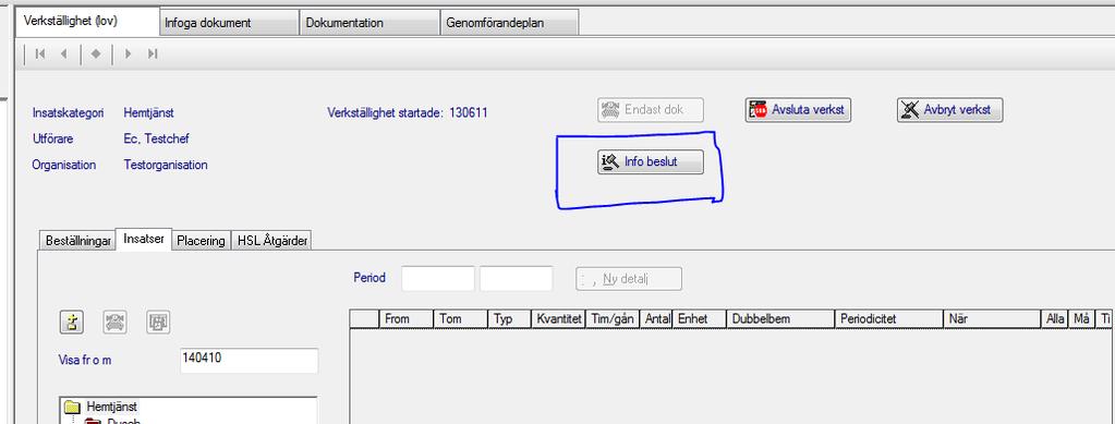 6. Kontrollera och eventuellt justera perioderna på raderna i Info beslut-knappen (Denna punkt är väldigt viktig, då individstatistik till Socialstyrelsen tas från just denna bild).
