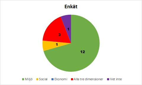 Figur 7.3.2: Elevers uppfattning av hållbar utveckling per dimension. I figur 7.3.2 kan utläsas att 12 av 17 elever uppfattar hållbar utveckling främst kopplat till miljöproblem inom den miljömässiga dimensionen.