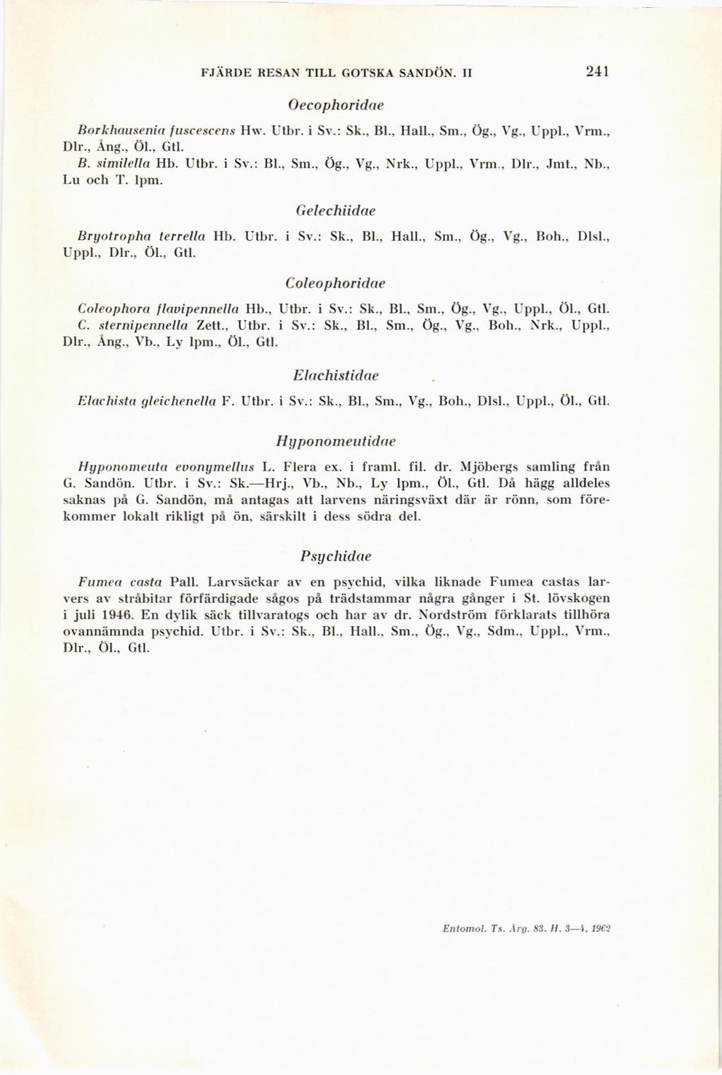 r.jirde RDSAi. TILL GOTSIiA SANDi,N. II 211 Oecophoridae Borl'haasenrtr fuscelcens Hs'. Utbr. i Sv.: Sk., Bl., Hall., Sm., Og., Vg., Uppl., Vm., Dlr., Ang., Ol., ctl. B. similella Hb. Utbr. i Sv.: Bl.