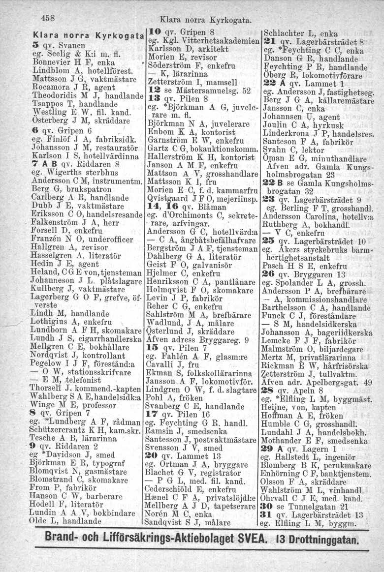 458 Klara norra Kyrkogata. 10 qv. Gripen 8 Schlachter L, enka Klara norra Kyrkogata ego Kg!. Vitterhetsakademien 21 qv. Lagerbärsträdet8 ii qv.