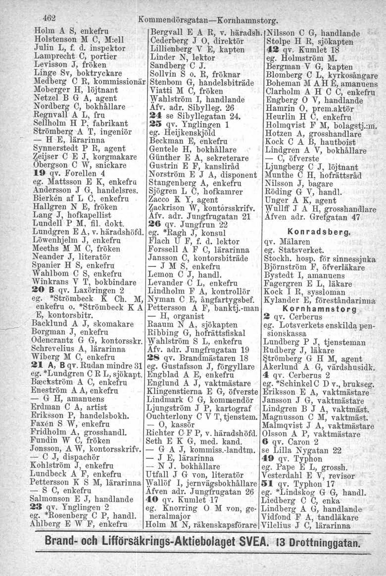 462 Kommendörsgatan- Kornhamnstorg. Holm A S, enkefru Bergvall E A R, v. häradsh, Nilsson C G, handlande Holstenson M C, M:ell Cederberg J O, direktör Stolpe H R, sjökapten Julin L, f. d. inspektor Lillienberg V E,.