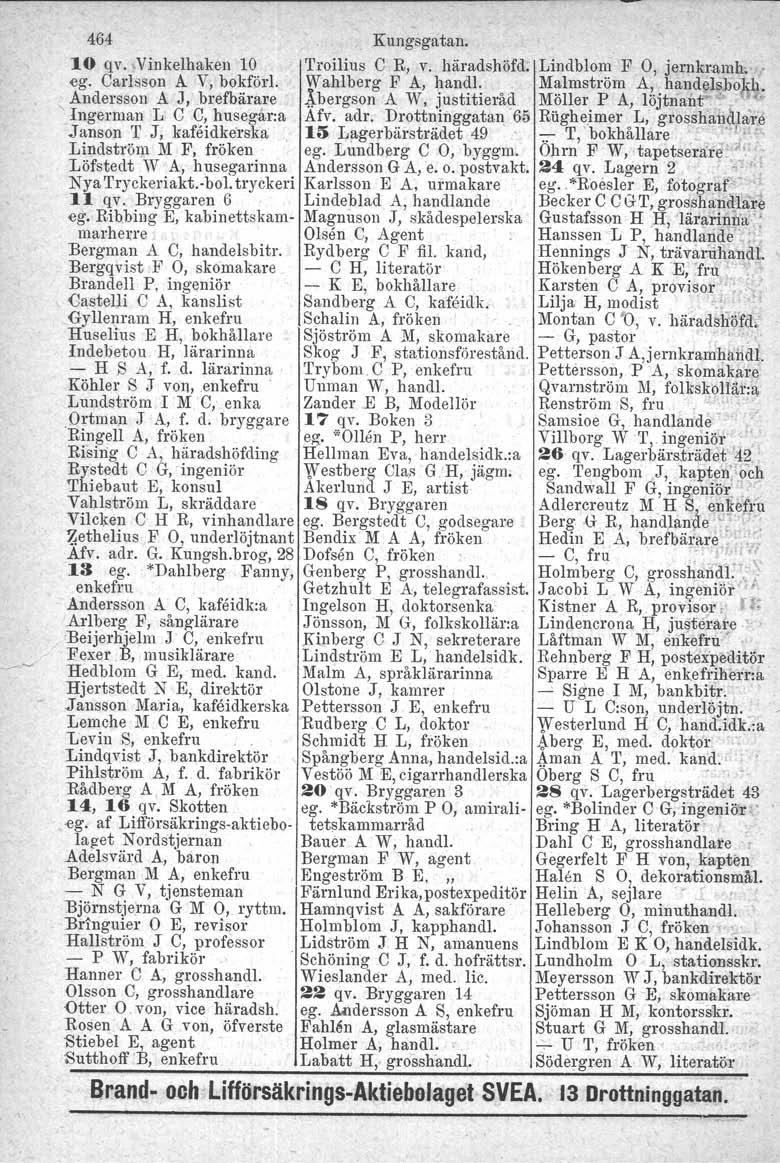 464 Kungsgatan. 10 qv, Vinkelhaken 10 Troilius C R, v. häradshöfd. Lindblom F O, jernkramh, ' ego Carlsson A V, bokfört. Wahlberg F A, handl, Malmström A, handelsbo b. Andersson A J, brefbärare!