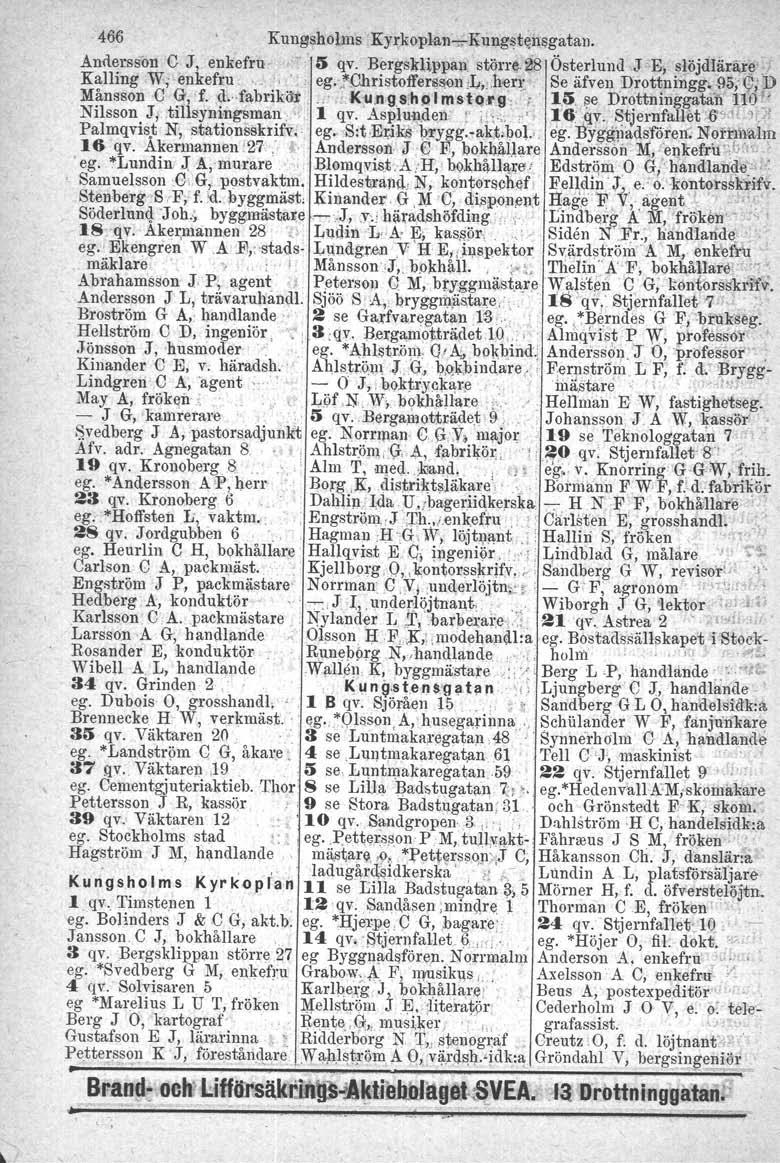 466 Kungsholms 'Kyrkoplan-s-Kungstensgatan. Annerss"on C J,enkefru :i qv. Bergsklippan större ~8 ÖsterlundJ 'E, slöjdlär.äill:. Kalling W;enkefru ego'1"christoffers;;oll,l,,hen: Se äfveu Drottni:i\gg.