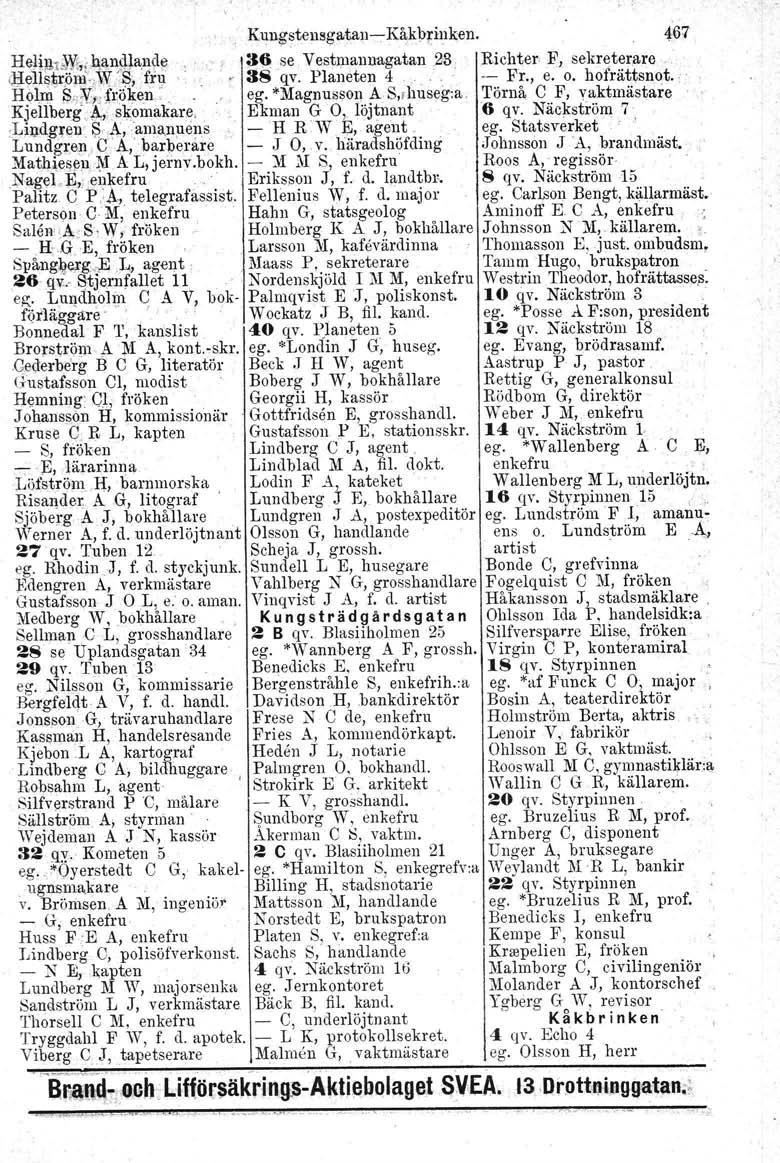 Kuugstensgutau-e- Kåkbrinken. 4'67 HeH)i!IJ'Yi,;Jwu?4Ian\le ;If) se VestJ;nannagatan23 Richter F, sekreterare (ij.\l11~llrpra'4w~,fru as qv. Planeten 4....- Fr., e. o. hofrättsnot.