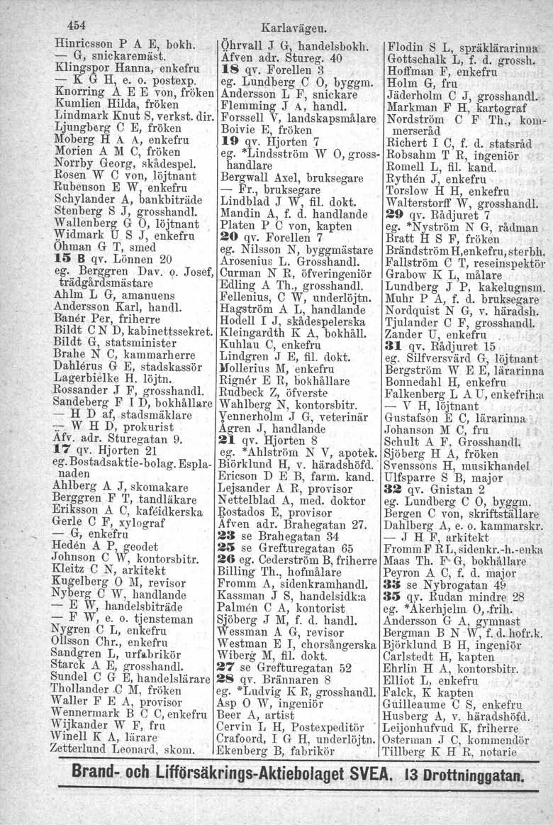 454 Karlavägeu. Hinricsson p A E, bokh. Qhrvall J G, handelsbokh. Flodin S L, spräklärarinna G, snickaremåst. Afven adr, Stureg. 40 Gottschalk L, f. d. grossh. Klingspor Hanna, enkefru IS qv.