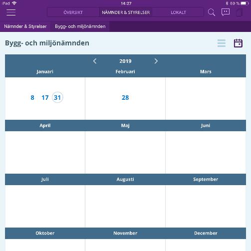 2.3 Visa möten i en nämnd/styrelse Tryck på en nämnd/styrelse i listan för att se kommande eller tidigare mötesbokningar för den aktuella nämnden eller styrelsen.