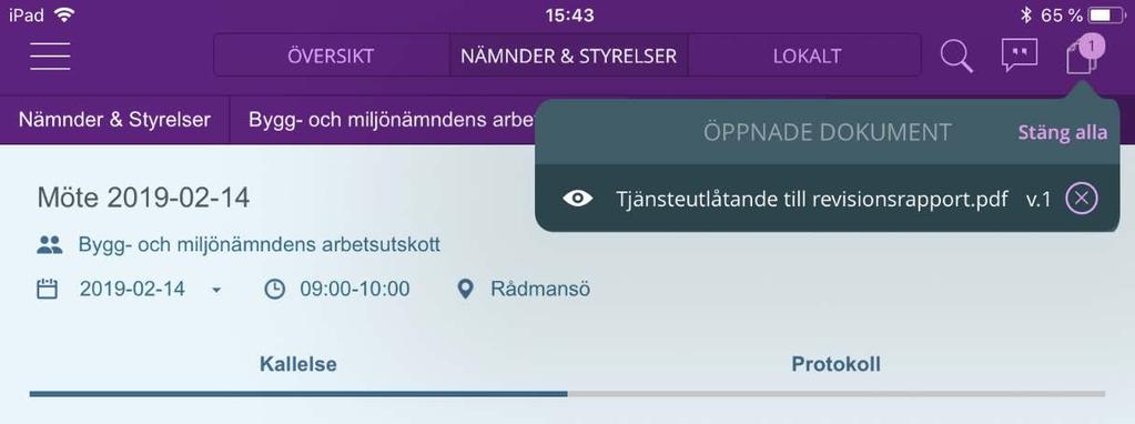 3.2 Visa kallelse, protokoll eller bilaga online När du har kallelsevyn framme för ett visst möte, kan du öppna kallelsen och dess bilagor (respektive protokollet och eventuella bilagor) direkt på