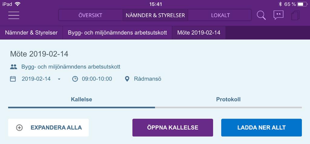 2. Tryck på knappen Ladda ner allt om du vill ladda ned både kallelsen (alternativt protokollet, samma knapp fast under protokollsfliken) och alla dess bilagor. Observera.