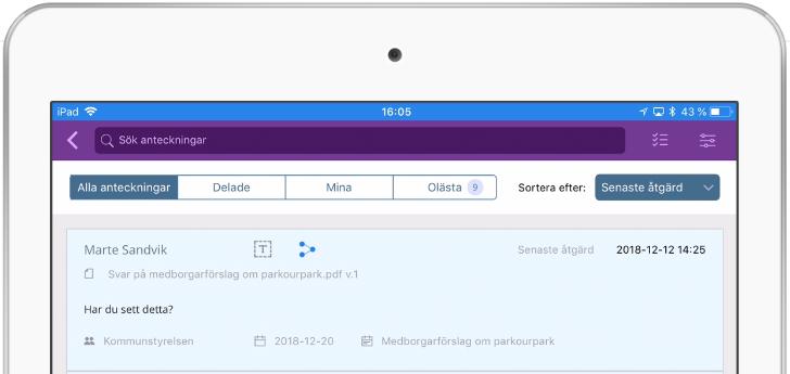 5.3 Att arbeta i anteckningsvyn I anteckningsvyn finns alla anteckningar och noteringar tillgängliga. Både de som du har gjort själv och de som andra har delat med dig.