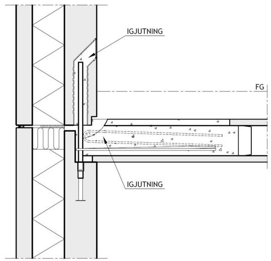 a) planritning som visar förankring med B-järn mellan bjälklag och balk i byggnad 71, Ängelholms norra sjukhusområde.