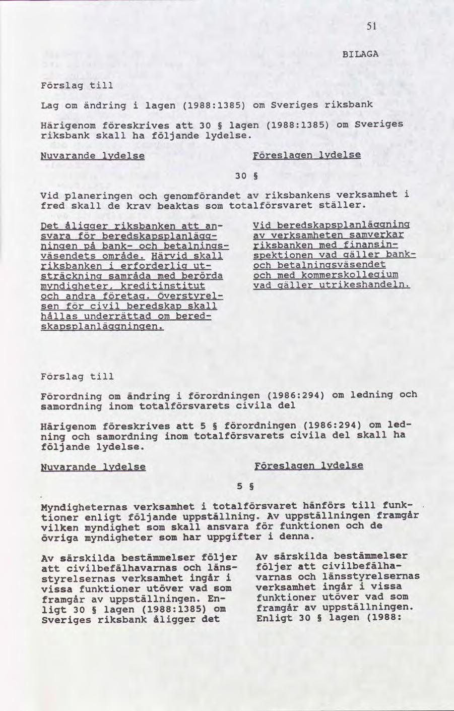 51 BILAGA Förslag Lag om ändrng lagen 1988:1385 om sverges rksbank Härgenom eskrves 30 lagen 1988:1385 om rksbank skall ha följande lydelse.