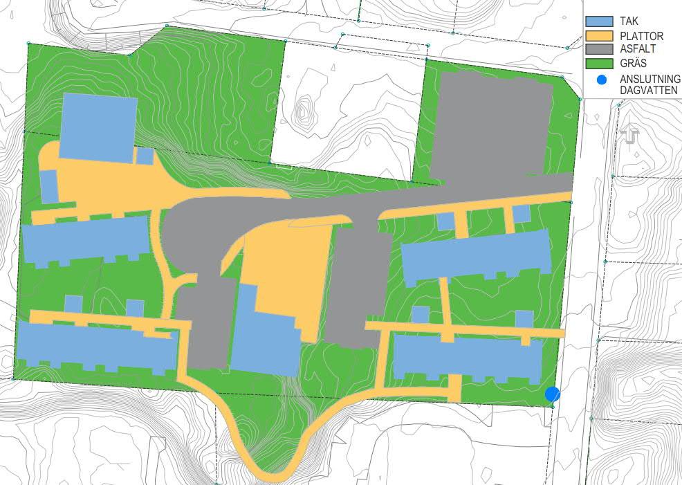 6 DAGVATTENHANTERING PLANFÖRSLAG Planområdet kommer efter en exploatering få en större andel hårdgjord yta, vilket medför större