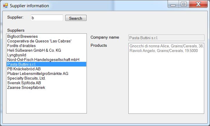 När användaren matat in en del av ett leverantörsnamn i textboxen Supplier: och tryckt på knappen Search skall företagsnamnet för de leverantörer i databasen som har ett matchande namn