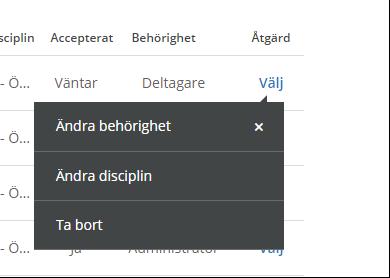 8. I tabellen ser du sedan till vilken mapp som deltagaren är inbjuden till samt vilken diciplin och vilken behörihget deltagaren har i projektet. 9.