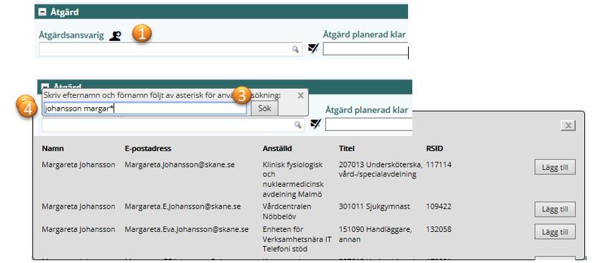 för hantering av avvikelser i systemet AvIC Gäller för: Sida 16 av 82 Välj person ur sökfält 1. Klicka på ikonen så öppnas sökfältet från Skånekatalogen. 2.