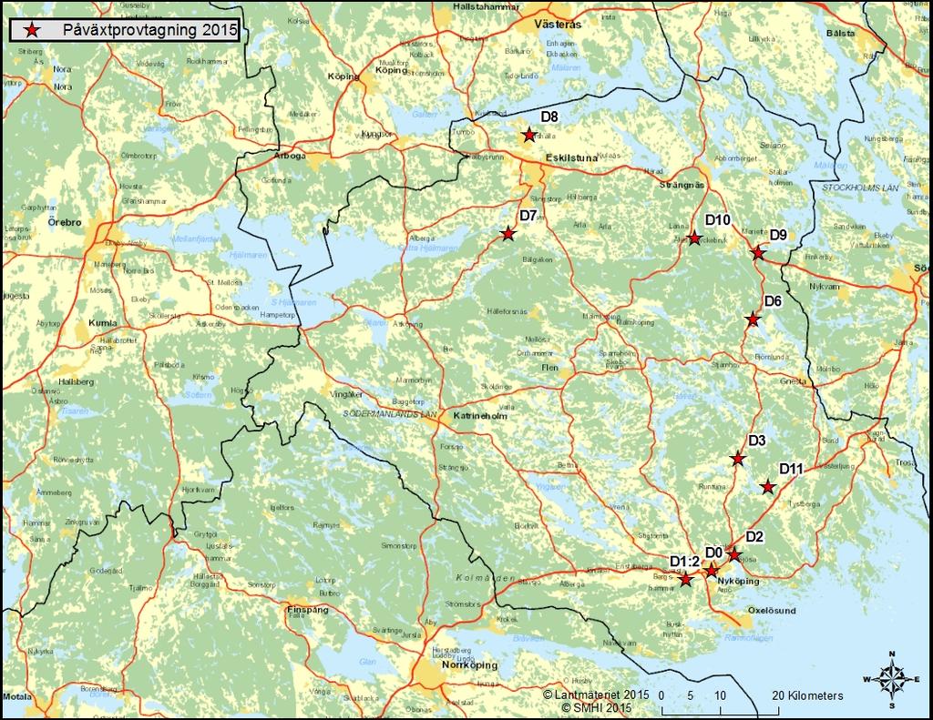 Figur 2. Lokaler för kiselalgsprovtagning i Södermanlands län 2015 (karta från Länsstyrelsen i Södermanland). Tabell 1. Lokaler för kiselalgsprovtagning i Södermanlands län 2015. Koordinater angivna enligt SWEREF99 TM.