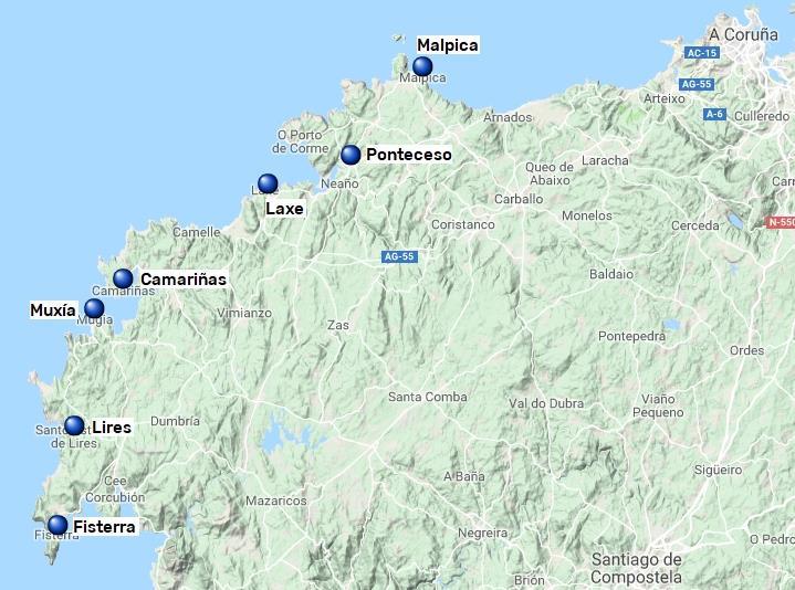 Camiño dos Faros, Laxe - Fisterra, 6 nätter 7(7) Camiño dos Faros Camiño dos Faros sträcker sig 200 km längs Galiciens vilda kust Costa da Morte, mellan Malpica och Fisterra.