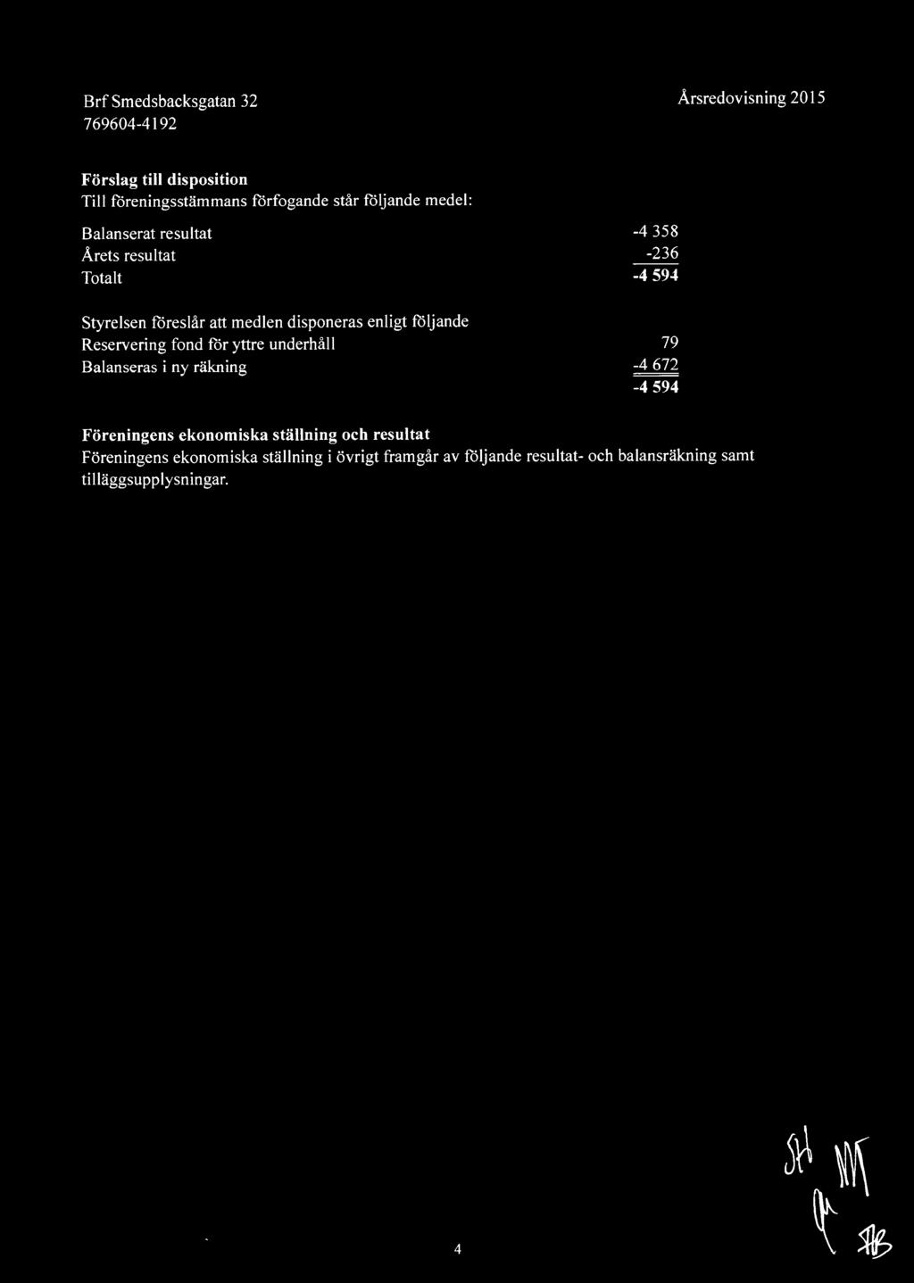 Årsredovisning 215 Förslag till disposition Till föreningsstämmans förfogande står följande medel: Balanserat resultat Årets resultat Totalt Styrelsen föreslår att medlen disponeras enligt följande