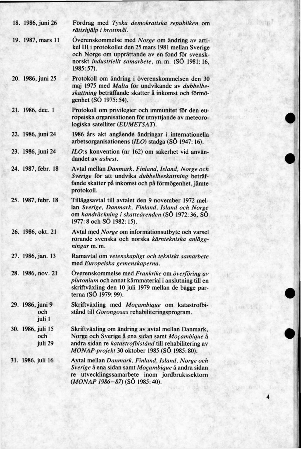 18. 1986, juni 26 Fördrag med Tyska demokratiska republiken om rättshjälp i brottmål. 19. 1987, mars 11 Överenskommelse med Norge om ändring av artikel III i protokollet den 25 mars 1981 mellan Sverige Norge om upprättande av en fond för svensknorskt industriellt sam arbete, m.