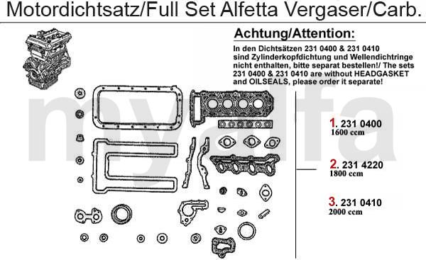 1 2310400 Motordichtsatz 1600 ohne Zylinderkopfdichtung und Simmerrin ge Giulia GT Bertone, Spid.