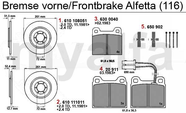 1 61008051 Bremsscheibe VA Alfetta 1.6/1.8/ 2.0 bj. 72-84/ 2.0 TD Bj. 79-81 GTV (116) 1.6/1.8/2.0 Bj. 916,18 kr 2 61011011 Bremsscheibe VA Alfetta 2.0/2.4 TD bj. 81-84,GTV (116) bj. 78-86, 75 2.0 bj. 05.