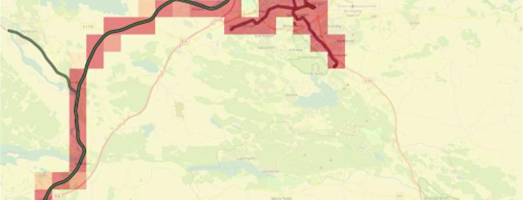 Notera för Norrköping att emissionerna fördelas både över järnväg (grön linje)