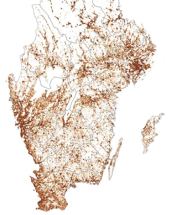 Geografisk fördelning av färganvändning efter befolkningstäthet bedöms återspegla verkligheten tillräckligt bra. Figur 19.