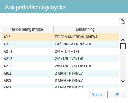 39(48) Periodisering görs antingen med periodiseringsnyckel som man väljer genom att klicka på Period och infoga den aktuella periodiseringsnyckeln från sökrutan som öppnas eller genom att manuellt