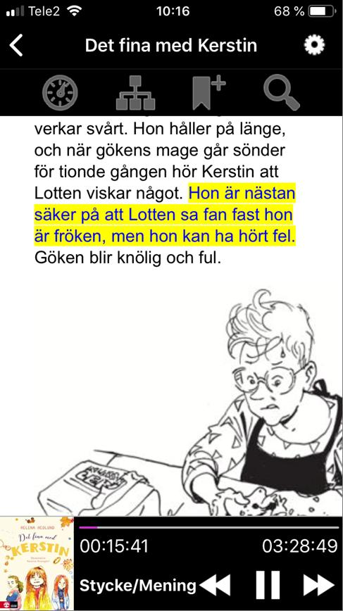 Talbok med text Innehåller den tryckta bokens text och i de flesta fall även bilderna.