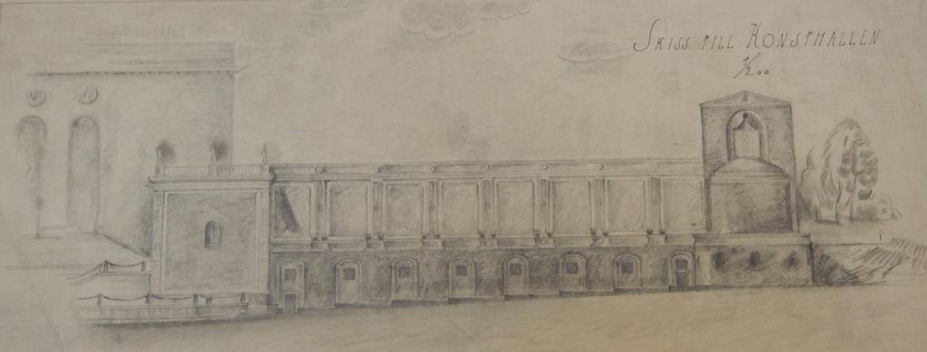 Krüger & Son AB och slutsumman för konsthallens uppförande var 316.846.22 kronor. 7 FÖRSLAG TILL UTSMYCKNING AV KONSTHALLENS FASAD TILL JUBILEUMSUTSTÄLLNINGEN 1923.