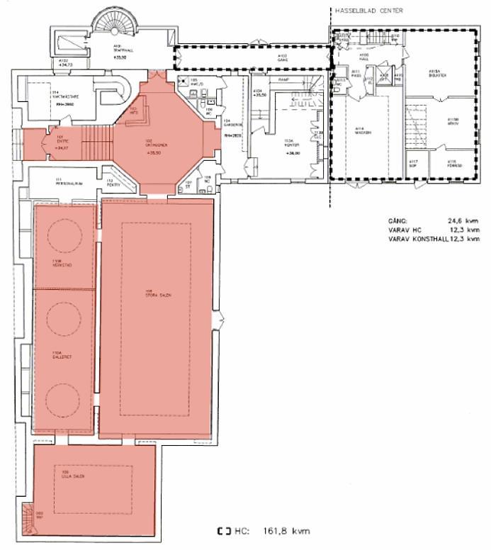 Konsthallen Skyddsstatus och kulturhistorisk värdebeskrivning PLANRITNING ÖVER KONSTHALLEN. RÖDMARKERADE RUM OMFATTAS AV BESLUTET. STRECKAD LINJE MARKERAR TILLBYGGNAD SOM EJ OMFATTAS AV BESLUTET.