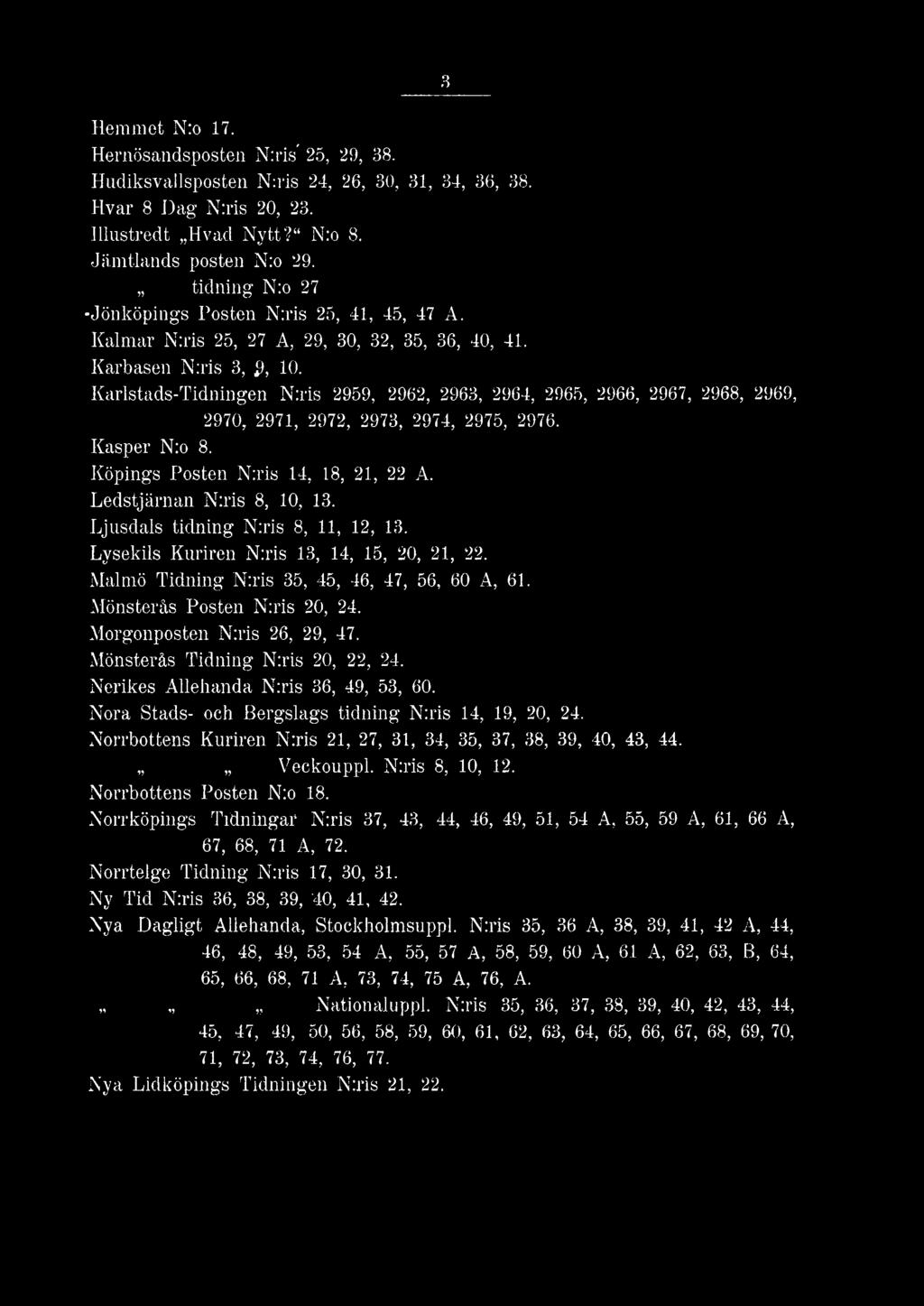 Karlstads-Tidningen N:ris 2959, 2962, 2963, 2964, 2965, 2966, 2967, 2968, 2969, 2970, 2971, 2972, 2973, 2974, 2975, 2976. Kasper N:o 8. Köpings Posten N:ris 14, 18, 21, 22 A.