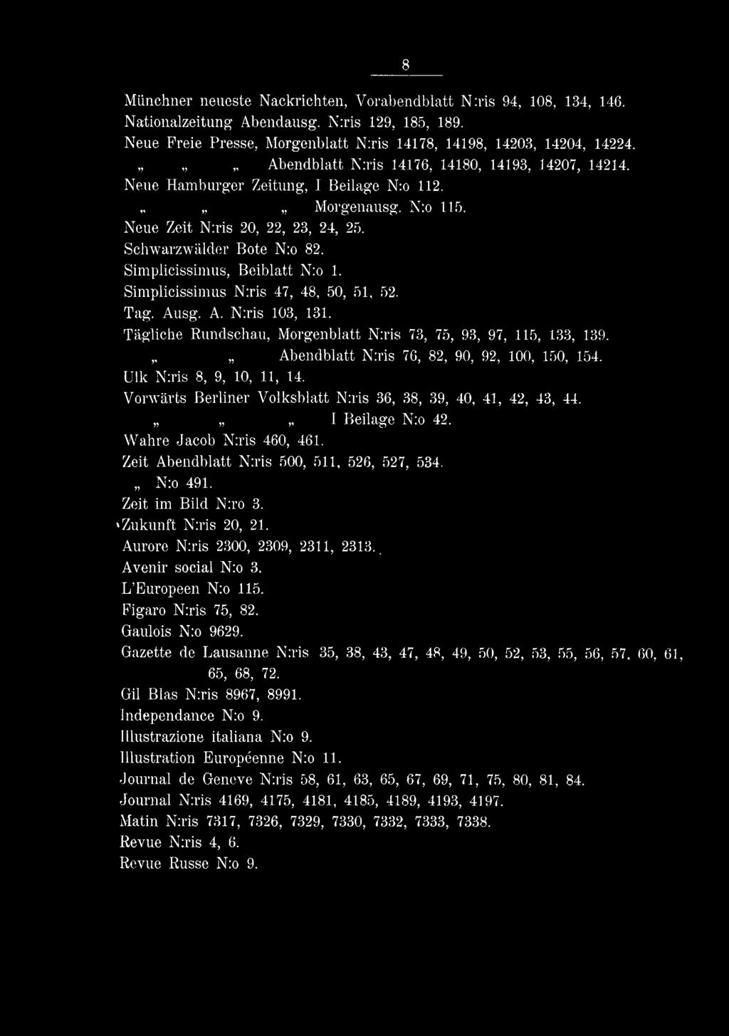 Simplicissimus, Beiblatt N:o 1. Simplicissimus N:ris 47, 48, 50, 51, 52. Tag. Ausg. A. N:ris 103, 131. Tägliche Rundschau, Morgenblatt N:ris 73, 75, 93, 97, 115, 133, 139.