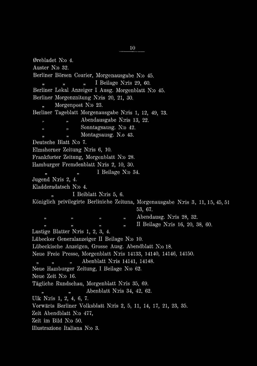 Frankfurter Zeitung, Morgenblatt N:o 28. Hamburger Fremdenblatt N:ris 2, 10, 30. I Beilage N:o 34. Jugend N:ris 2, 4. Kladderadatsch N:o 4. I Beiblatt N:ris 5, 6.