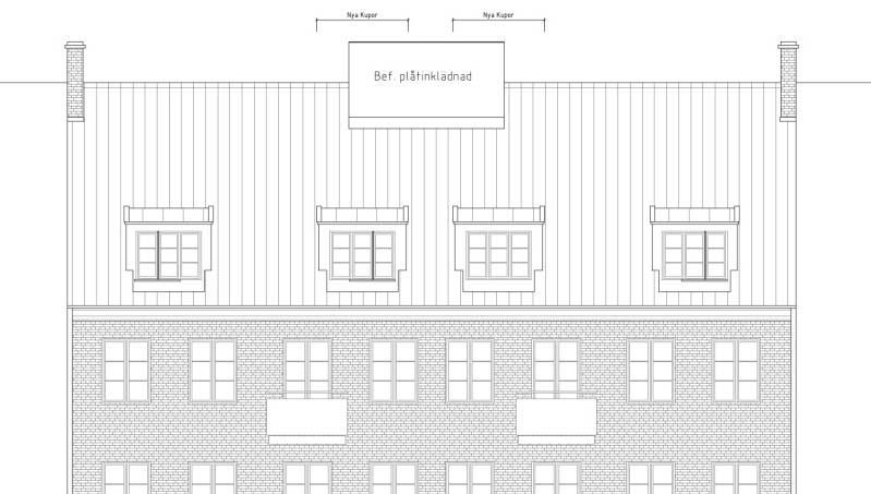 7(10) Dnr 2036/2008 Förslag på förändring av tak på Salvator 12. De två takkuporna i mitten tillkommer (ritning från Pierre Dupont arkitektkontor AB).