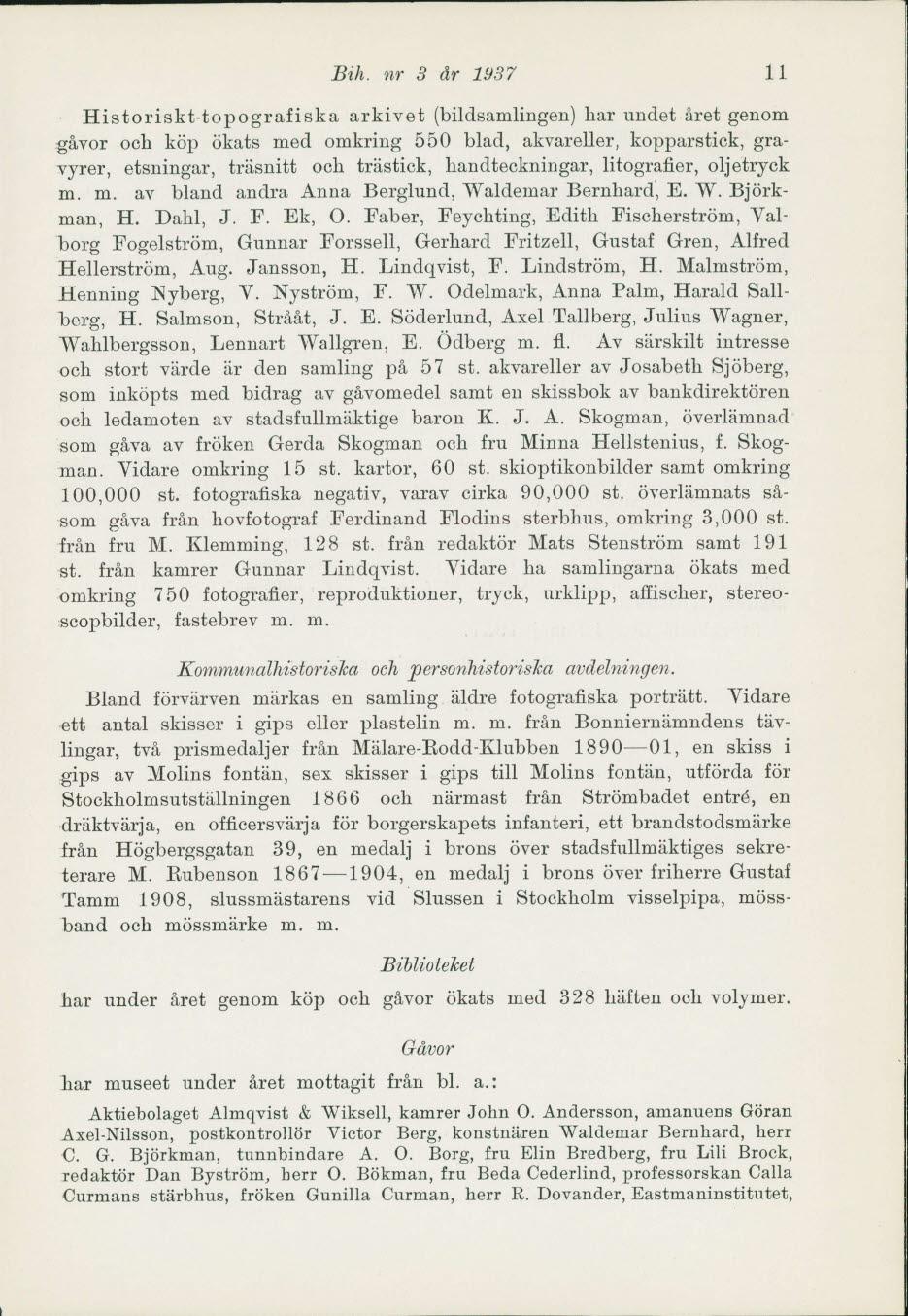 Bih. nr 3 år 1937 11 Historiskt-topografiska arkivet (bildsamlingen) har undet året genom :gåvor och köp ökats med omkring 550 blad, akvareller, kopparstick, gravyrer, etsningar, träsnitt och