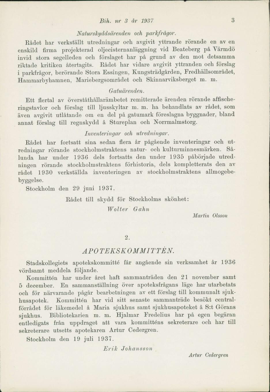 Bih. nr 3 år 1937 3 Naturskyddsärenden och parkfrågor.