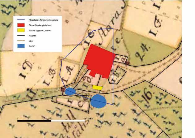 Stors Slusås gårdstomt och närmaste omgivning 1738 Vi ska nu studera miljön kring Stora Slusås gårdsläge som det såg ut 1738 lite mera i detalj.