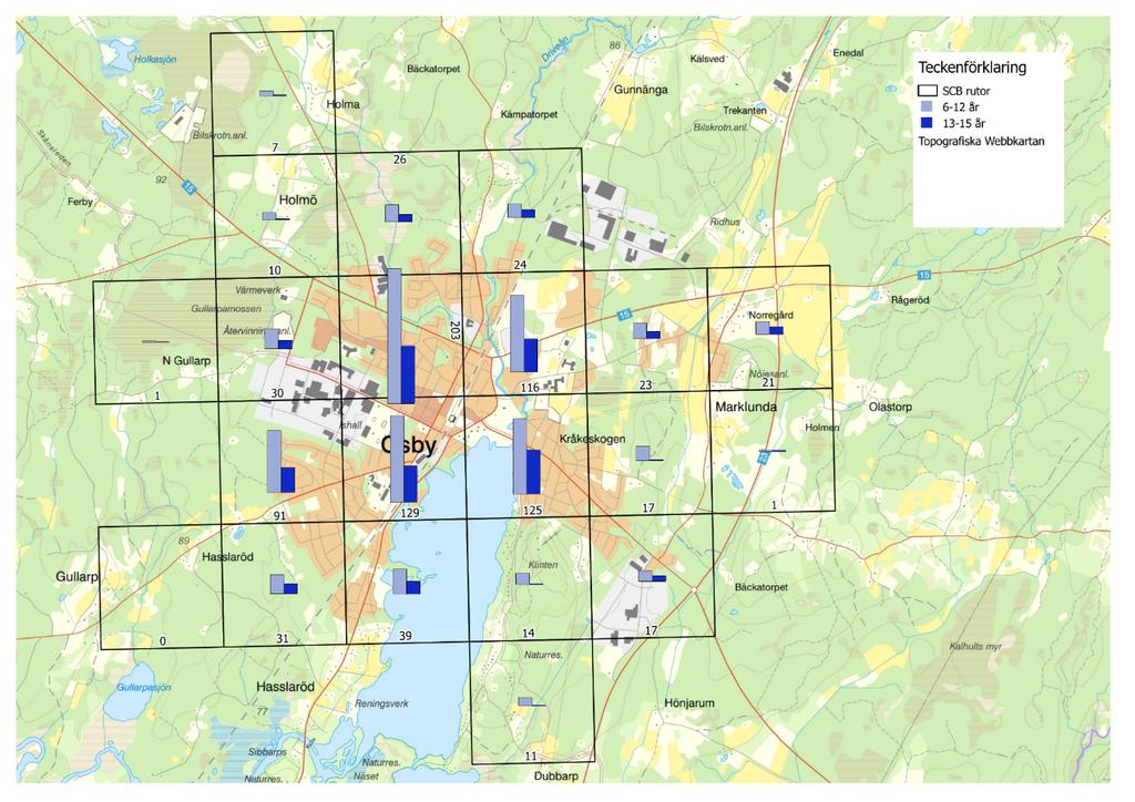 Osby kommun Datum Sida 2019-01-29 6(14) 2.2 Elevunderlag grundskola Enligt nedanstående bild från GEO-data, kan man utläsa var dagens elever bor.