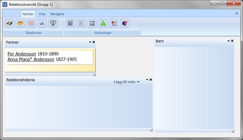 personen. Personöversikten för partnern öppnas efteråt så att du kan komplettera med mera uppgifter. Samtidigt skapas till vänster om partnern en tom ruta (för relationen).