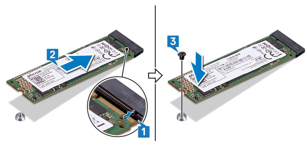 Sätta tillbaka SSD-hårddisken/ Intel Optane VARNING: Innan du utför något arbete inuti datorn ska du läsa säkerhetsinstruktionerna som medföljde datorn och följa stegen i Innan du utför något arbete