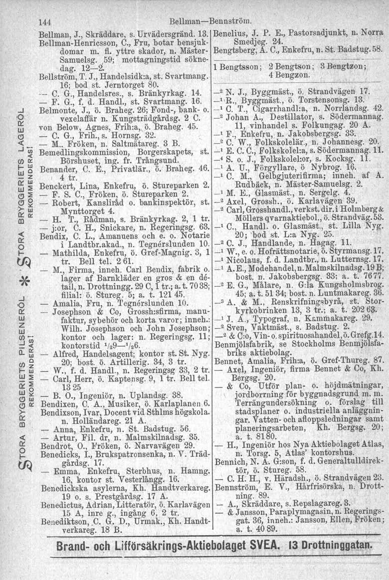 144 Bellman-Bennström. Bellman, J., Skräddare, s. Urvädersgränd. 13. Benelius, J. P. E., Pastorsadjunkt, n. Norra Bellrnan-Henricsson, C., Fru, botar bensjukdomar m. fl. yttre skador, n.