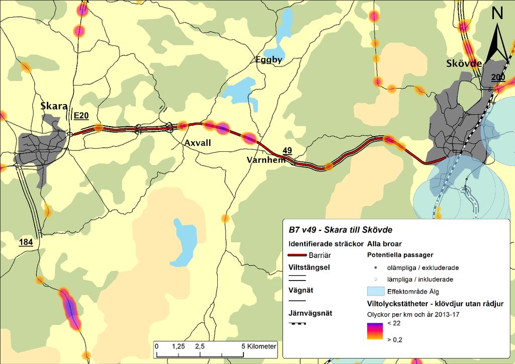 Barriär Skara till Skövde Bakgrund Mål Åtgärdsförslag Kostnad Samlad effektbedömning Vidare hantering ID B7 Längd Ca 22 km Länstillhörighet Västra Götaland Vägnummer 49 Sträckan går mellan Skara och