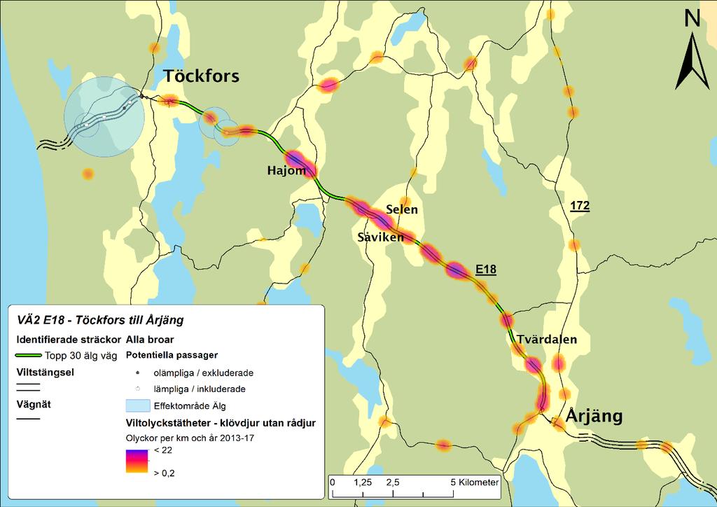 Viltolyckor Töcksfors till Årjäng ID Längd Länstillhörighet Vägnummer VÄ2 ca 21 km Värmland E18 Bakgrund Det sker många viltolyckor med älg på sträckan Töcksfors - Årjäng i sydvästra Värmland.